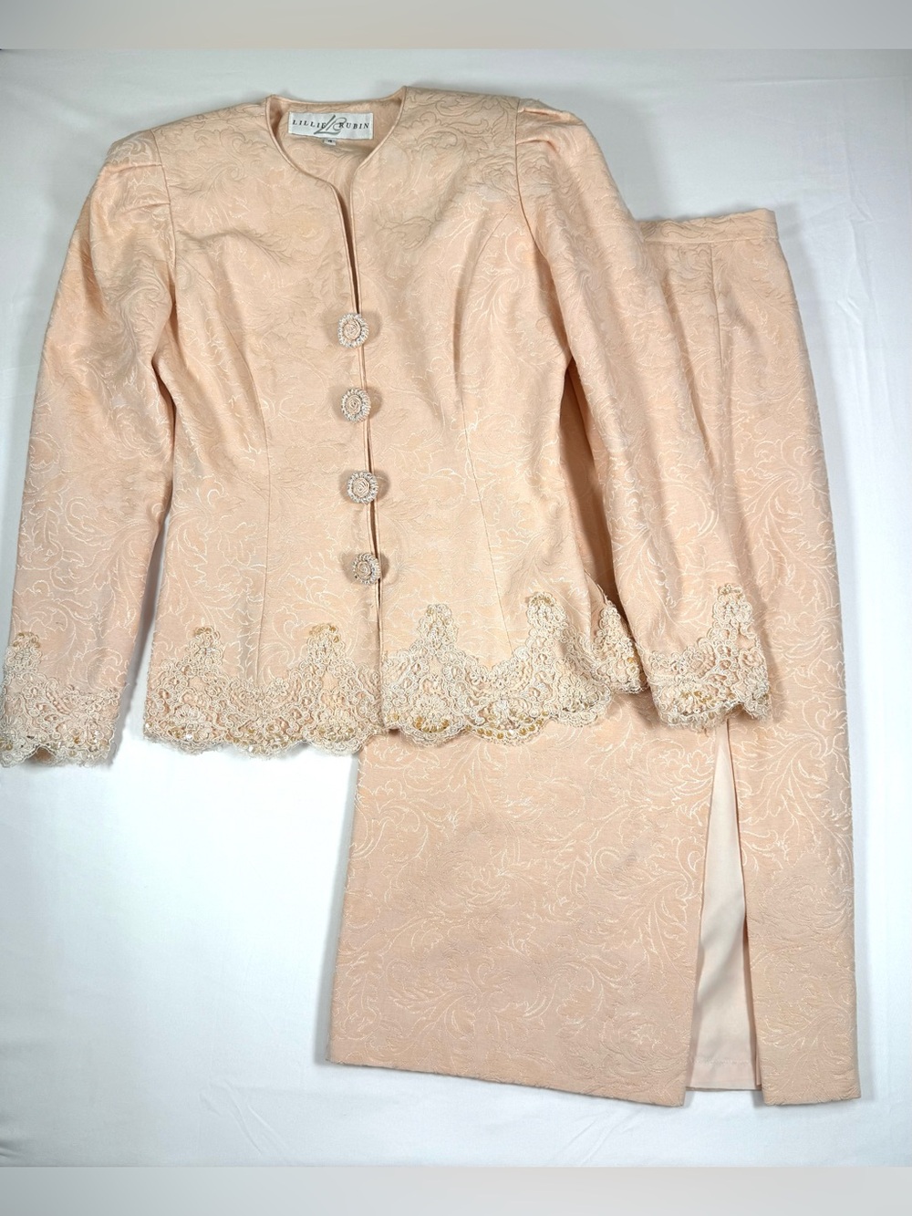 VINTAGE LILLIE RUBIN Women Jacquard Skirt Suit 4 Embellished Lace Beaded 90s
